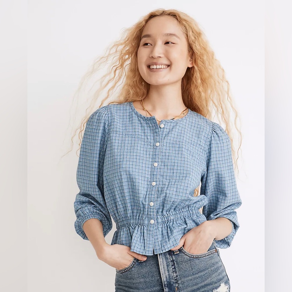 Madewell Chambray Puff-Sleeve Peplum Top in Windowpane